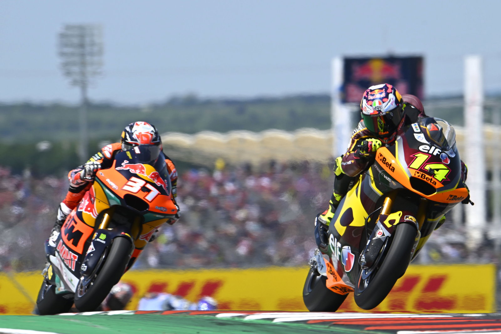 Tony Arbolino leads Pedro Acosta, 2023 Moto2 Grand Prix of the Americas. - Gold and Goose