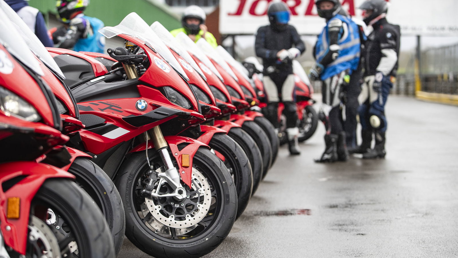 A row of BMW S1000 RR motorcycles at Mallory Park
