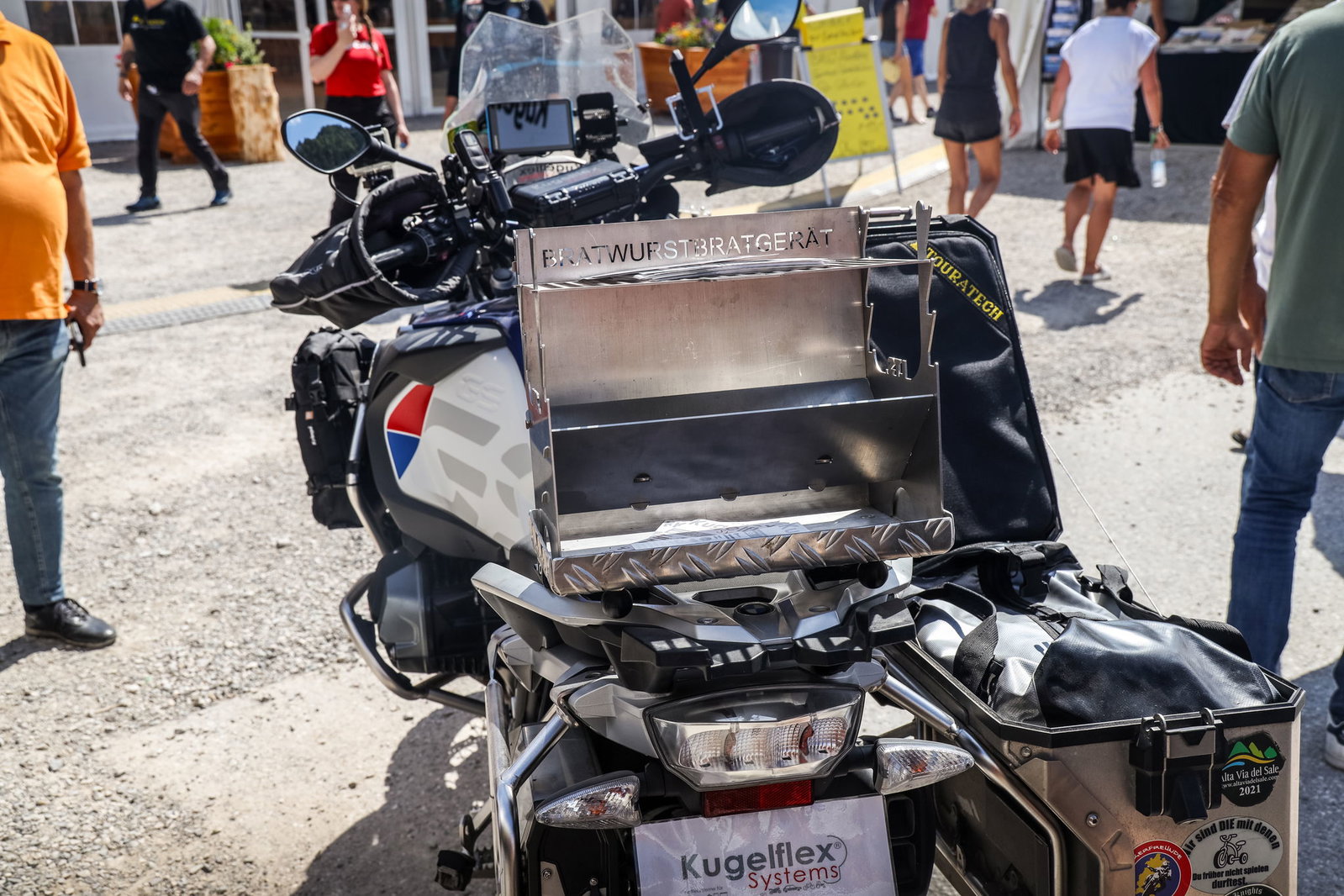 A BMW GS luggage rack-mounted barbecue