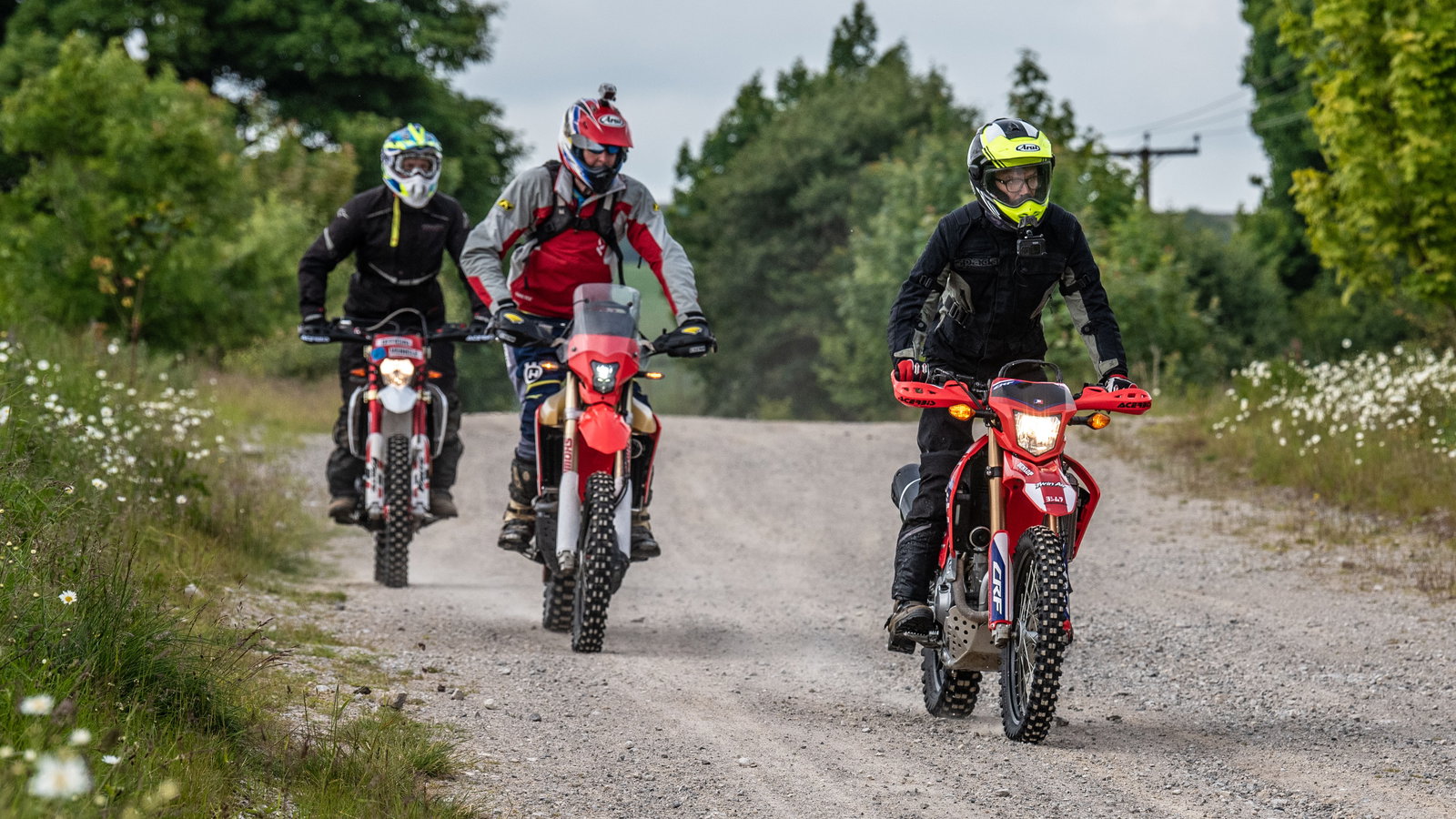 Three motorbikes riding along a green lane