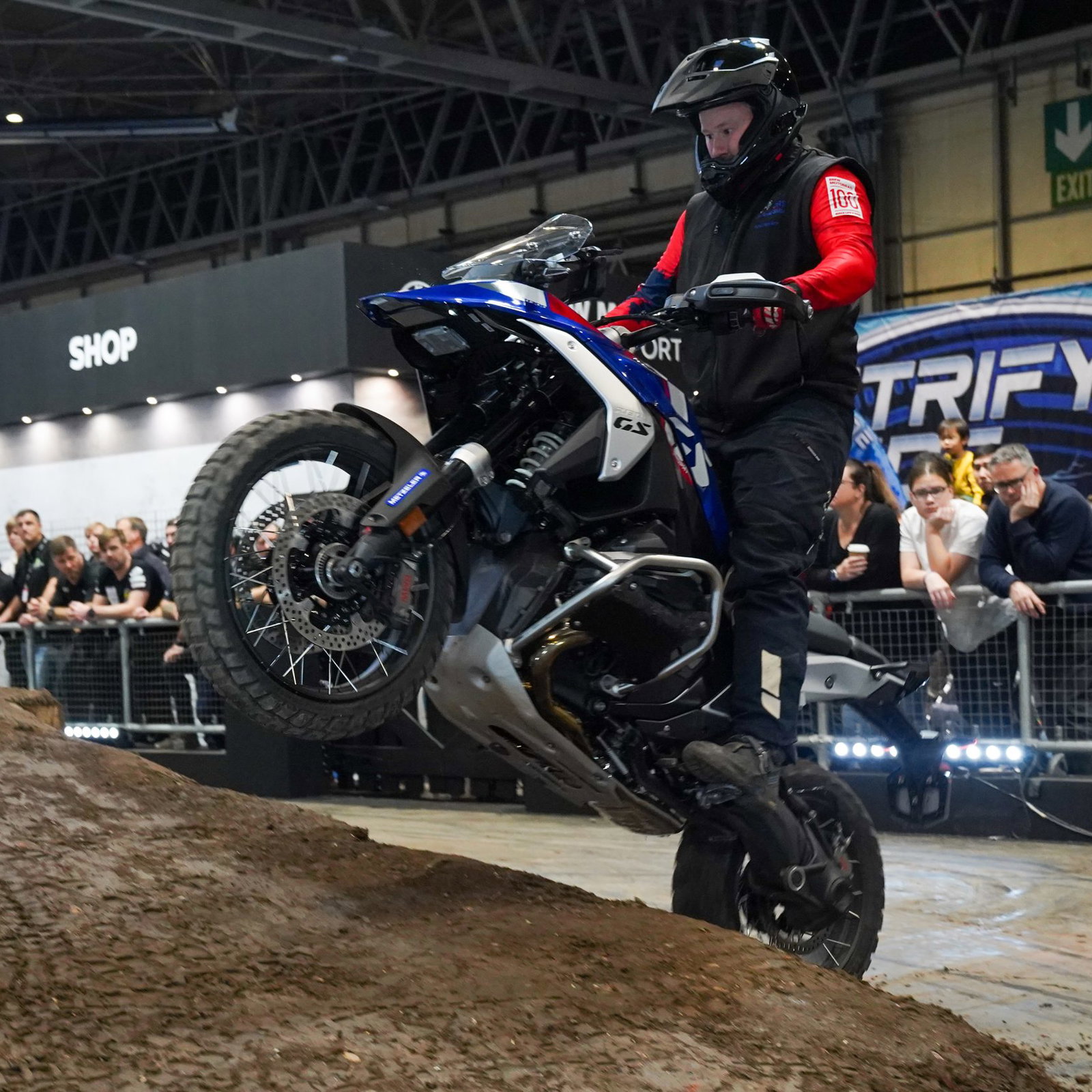 BMW R1300 GS stunt riding at Motorcycle Live