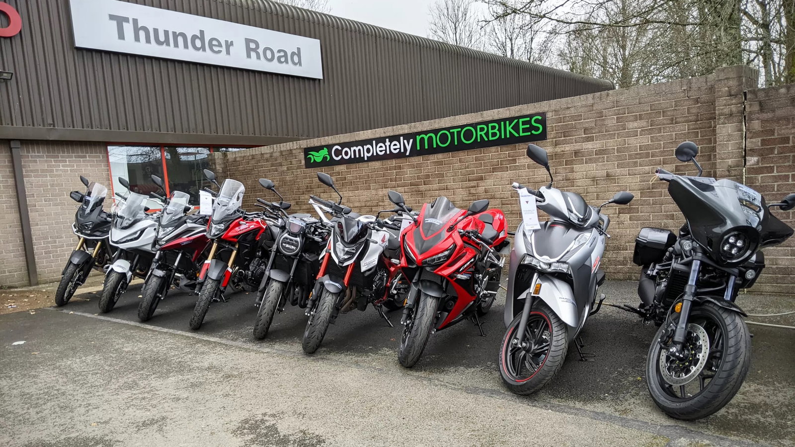 Motorcycles on show at a Completely Motorbikes dealership