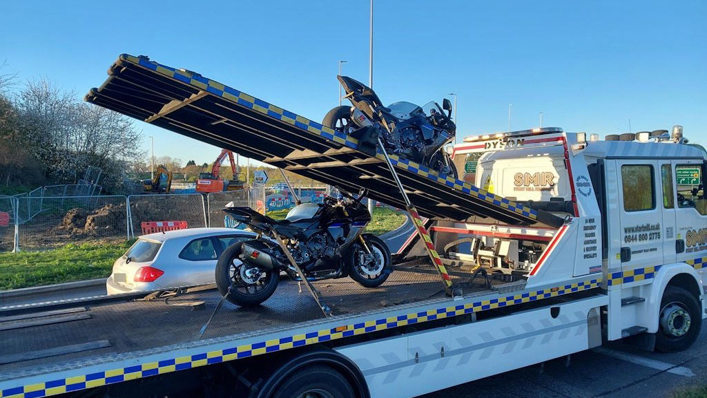 Two Yamaha R1s on a police transporter