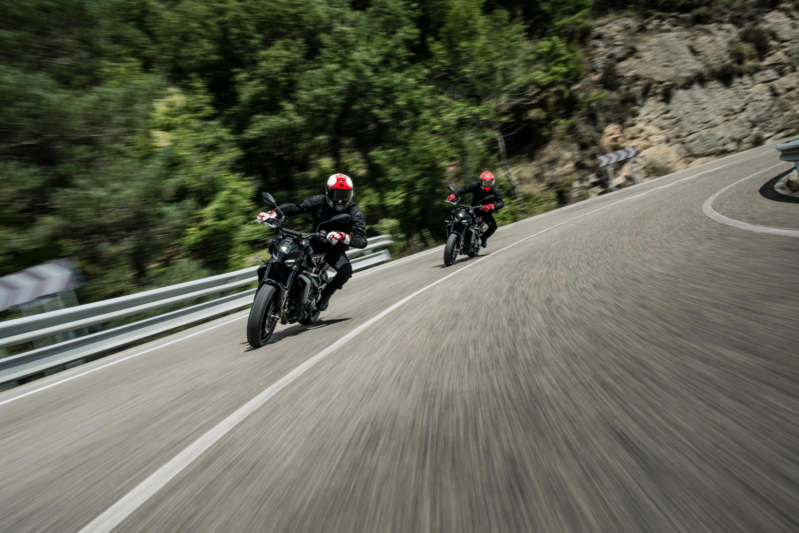 The Yamaha MT-09 Y-AMT being tested by Yamaha MotoGP Fabio Quartararo and Alex Rins