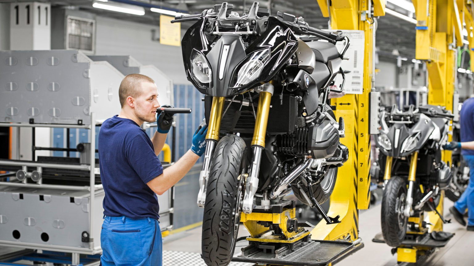 A BMW motorcycle on the production line