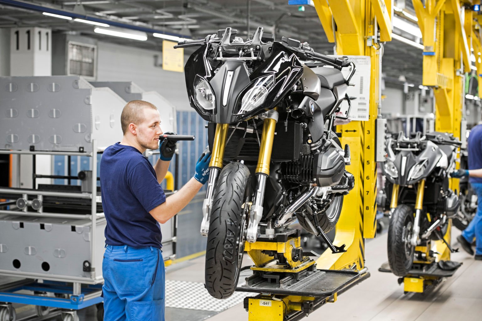 A BMW motorcycle on the production line
