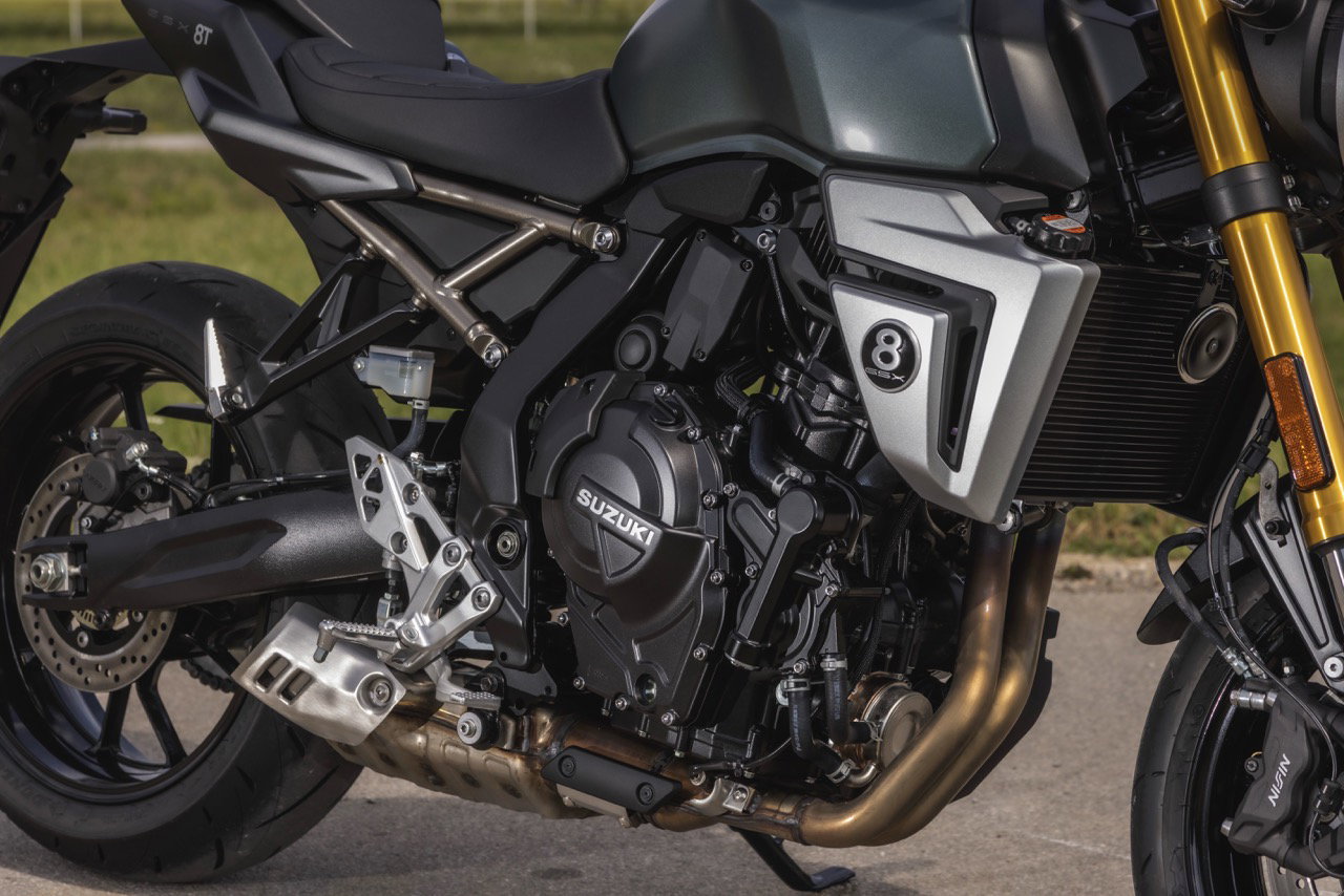 The engine and 8-ball branding of the bike