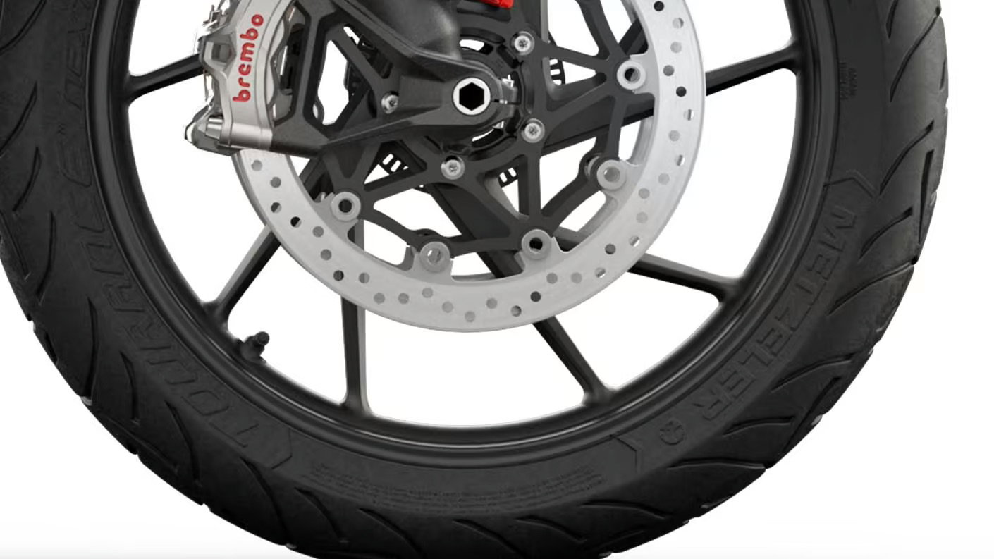 A cast motorcycle front wheel
