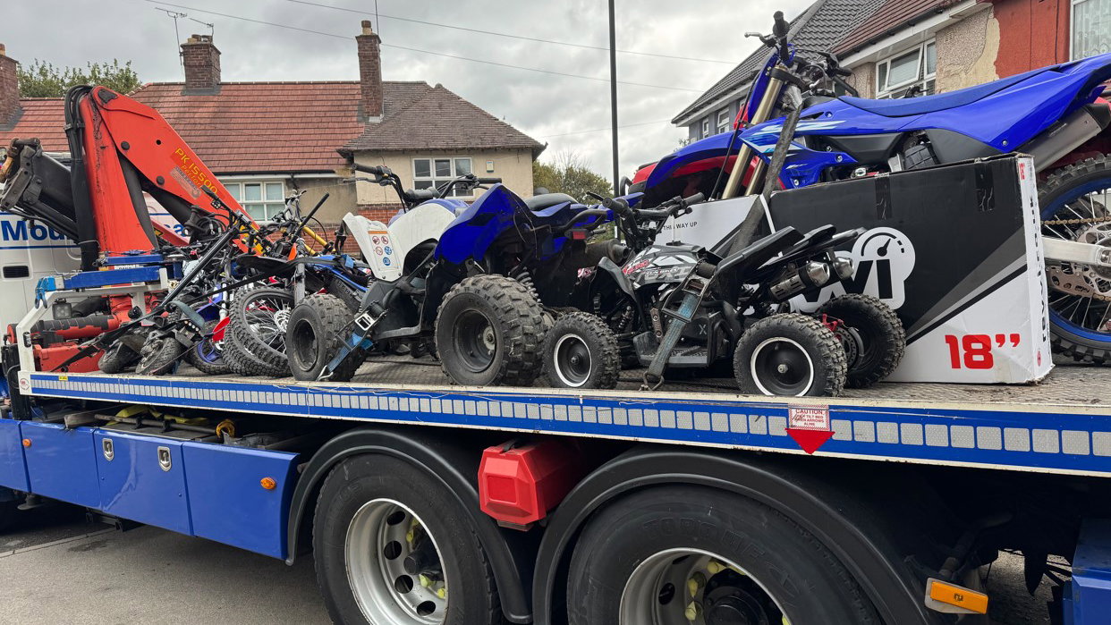 A haul of recovered stolen bikes on a low-loader