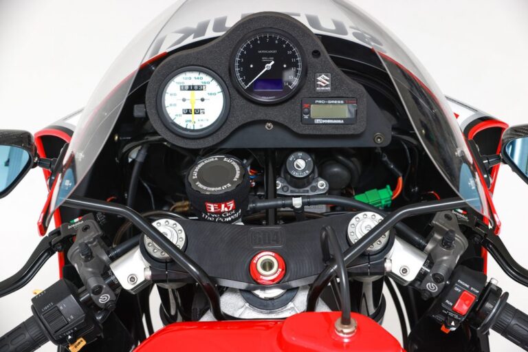 Yoshimura GSX-R750 handlebars and speedometer. Photo credit - Yoshimura