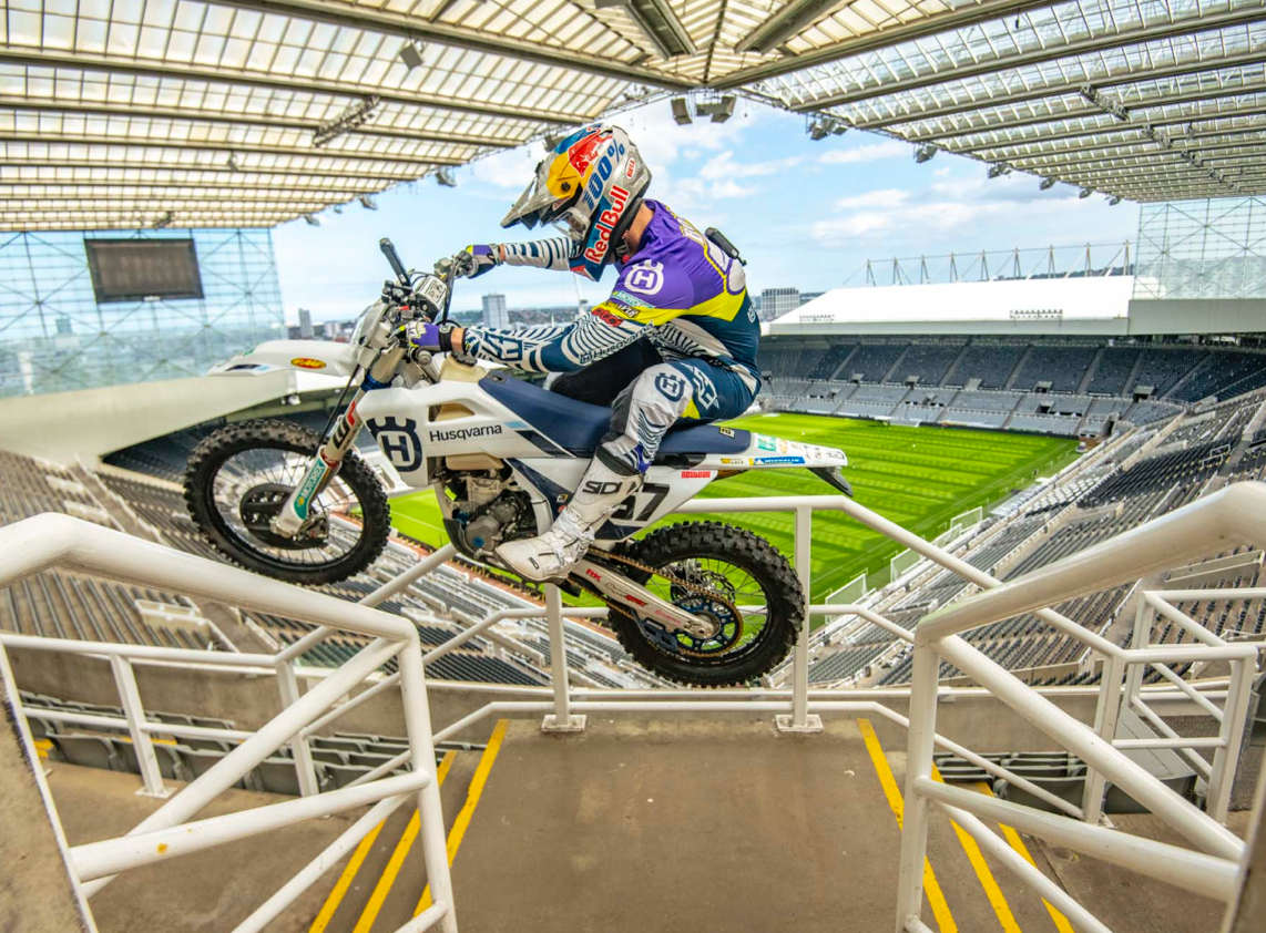 Billy Bolt riding his Husqvarna enduro bike at St. James Park.