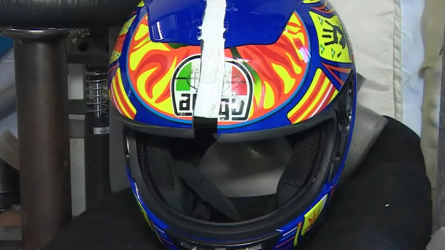 A fake AGV motorcycle helmet that cracked during testing