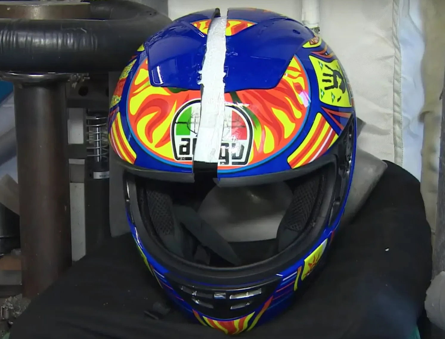 A fake AGV motorcycle helmet that cracked during testing