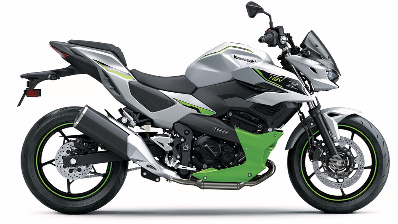 Kawasaki Z 7 Hybrid model in silver and green. Credit - Wheels Motorcycles