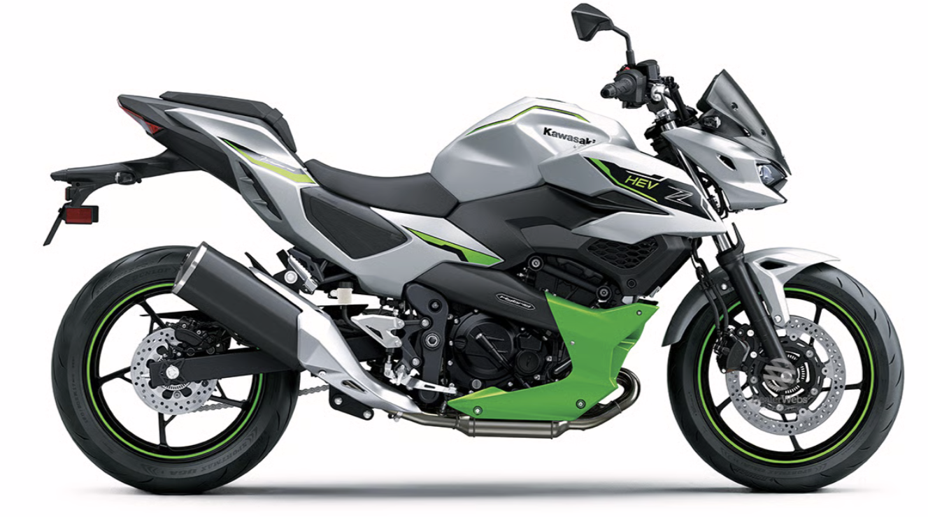 Kawasaki Z 7 Hybrid model in silver and green. Credit - Wheels Motorcycles