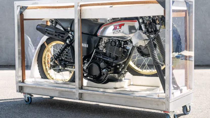 Yamaha XT500 still in its crate. Photo credit - Loic Kernen, courtesy of RM Sotherby's
