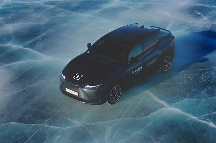 a self driving car on a frozen lake