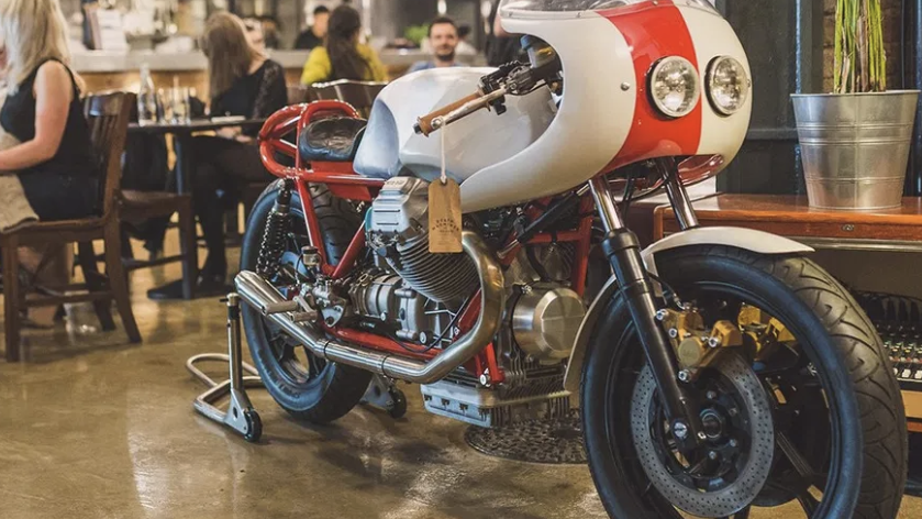 Motorcycle cafe with a bike on show