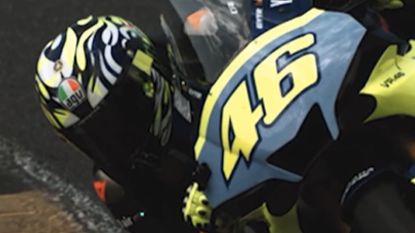 Valentino Rossi riding a Yamaha R1 at the Mugello circuit