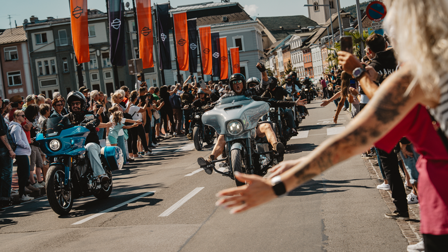 Harley-Davidson bikes riding at the European Bike Week