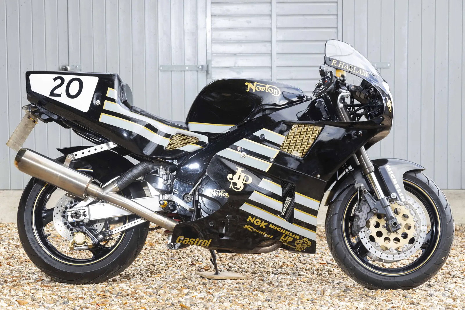 Norton RCW588 Ron Haslam race replica parked off-road