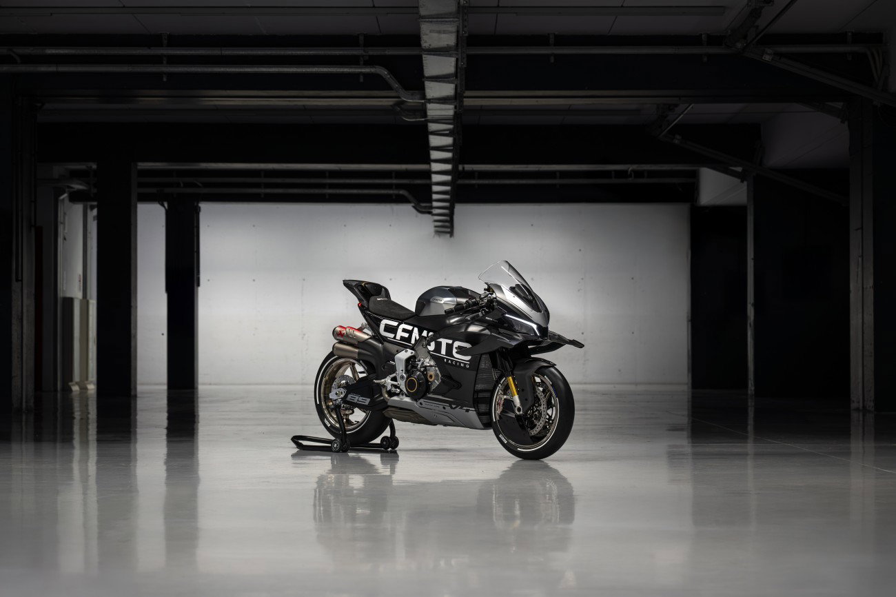 CFMoto's new V4 SR-RR on a rear stand