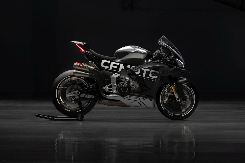 CFMoto V4 SR-RR featuring an Akrapovic exhaust system