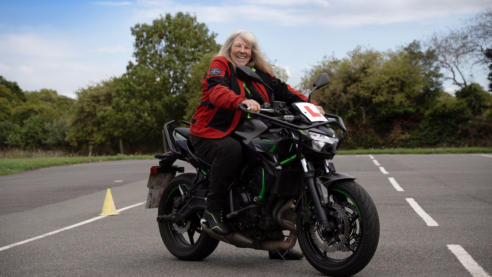 Linda Pilbeam sat on a Kawasaki Z650