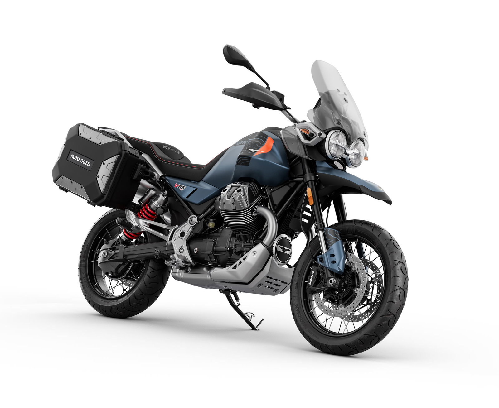 Moto Guzzi V85 TT Travel in a dark blue livery