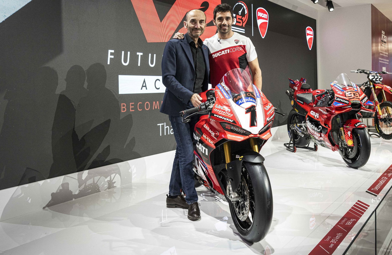 Claudio Domenicali and Michele Pirro with a Panigale V2 S