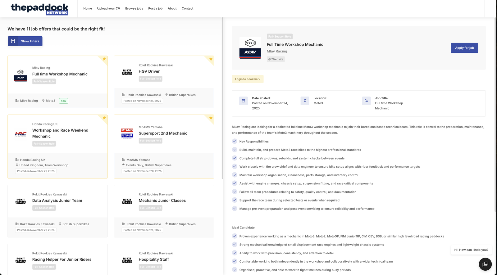 An example of a job listing on The Paddock Network