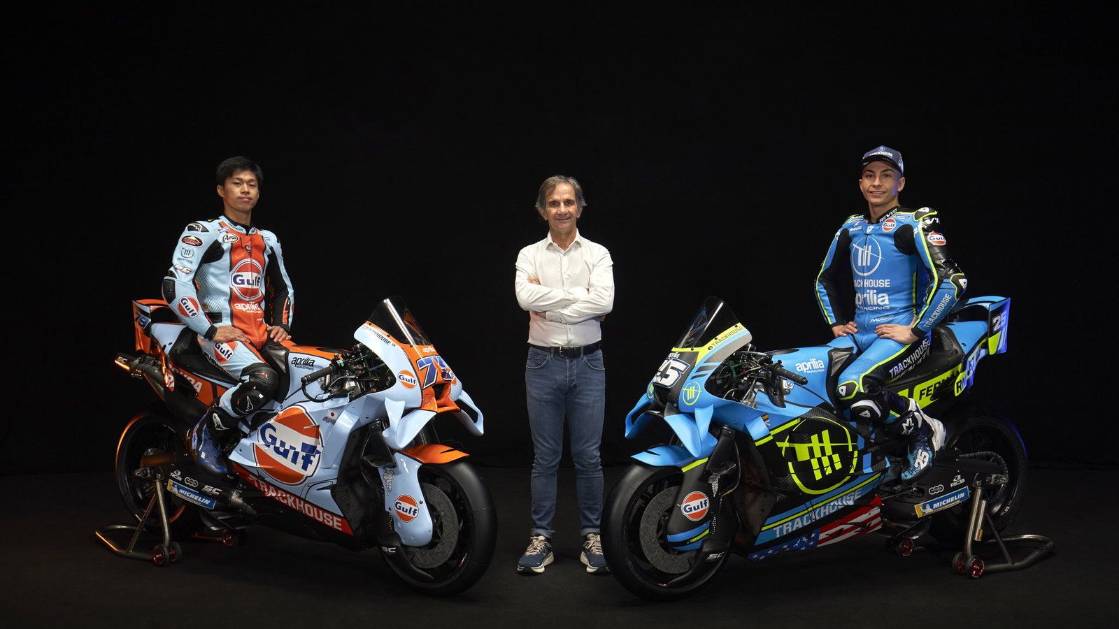Ai Ogura and Raul Fernandez on 2026 Trackhouse Aprilias with Davide Brivio between them. Credit: Trackhouse Racing.