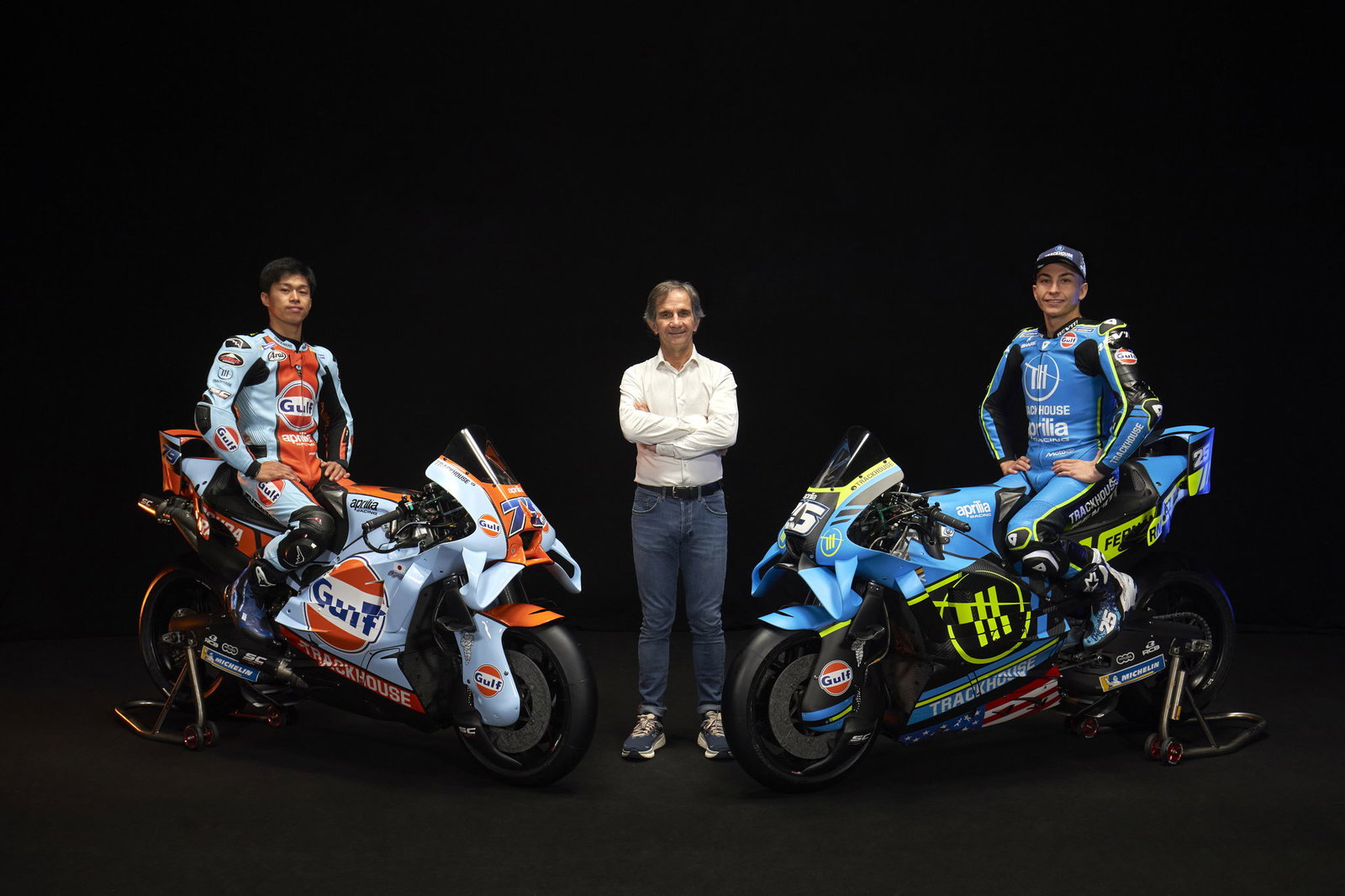 Ai Ogura and Raul Fernandez on 2026 Trackhouse Aprilias with Davide Brivio between them. Credit: Trackhouse Racing.