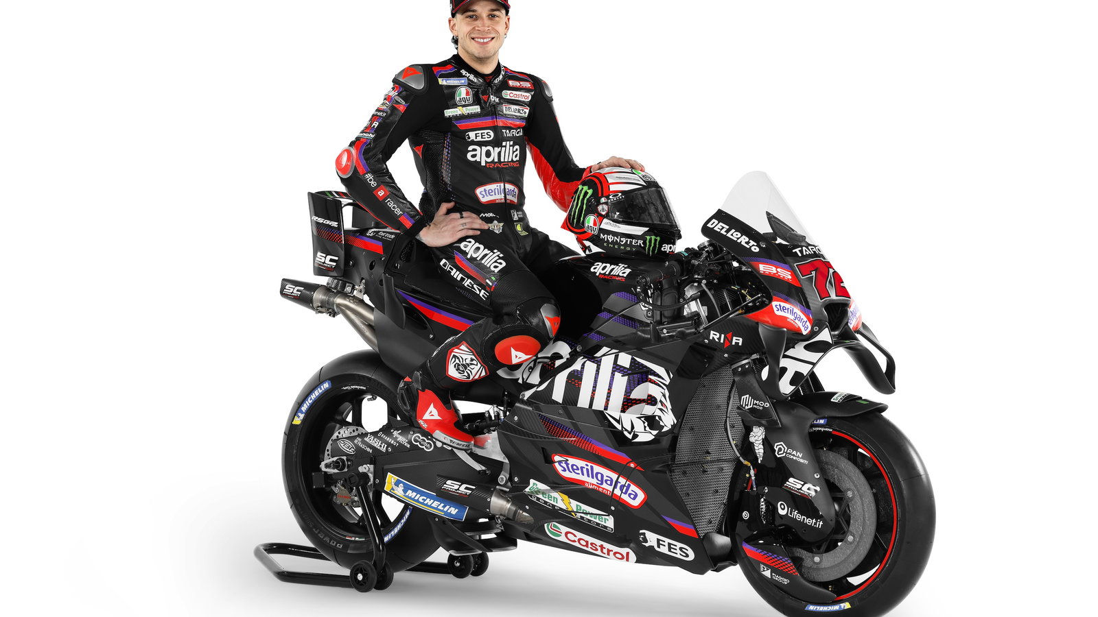 Marco Bezzecchi in 2026 Aprilia Racing team launch photoshoot. Credit: Aprilia Racing.