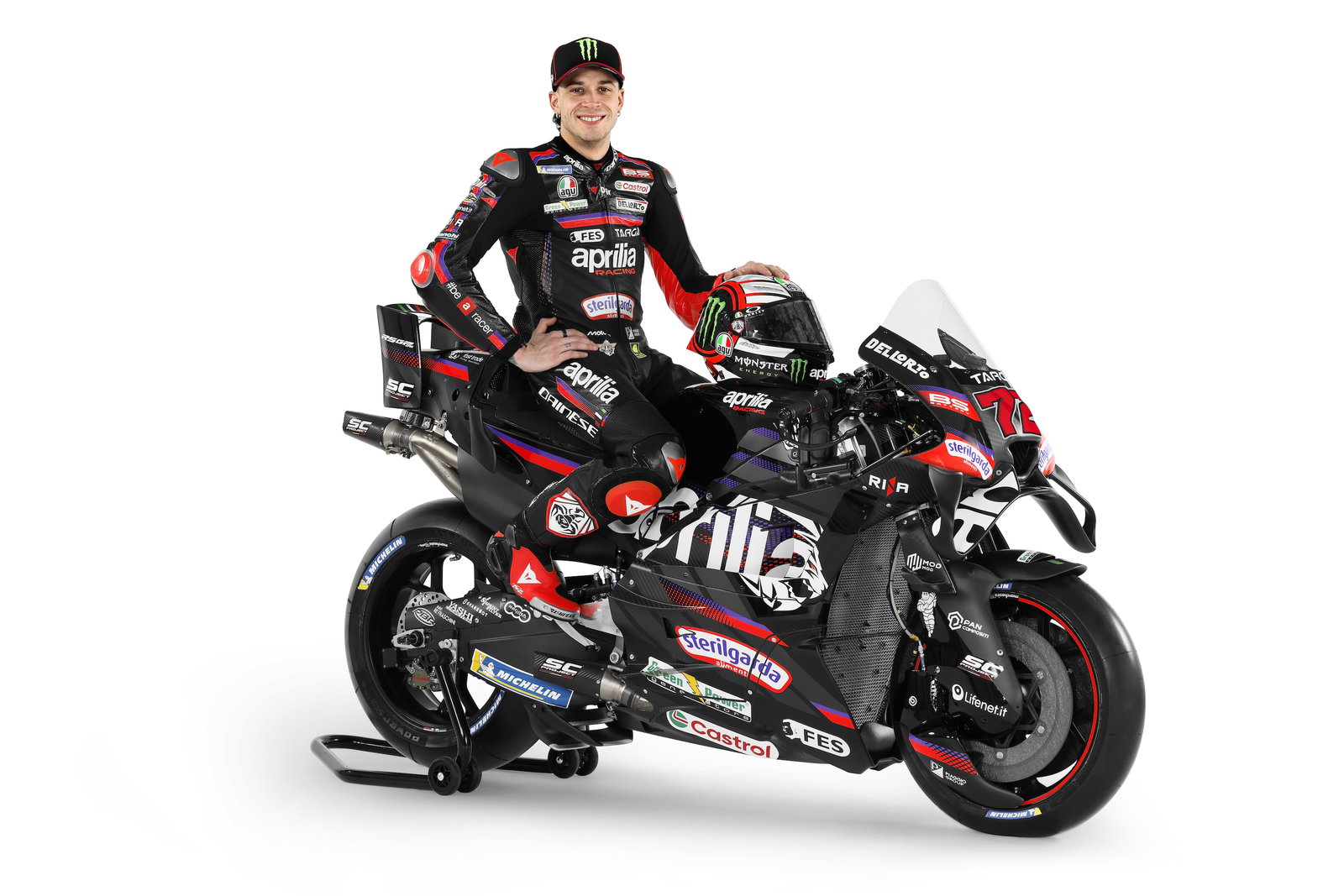 Marco Bezzecchi in 2026 Aprilia Racing team launch photoshoot. Credit: Aprilia Racing.