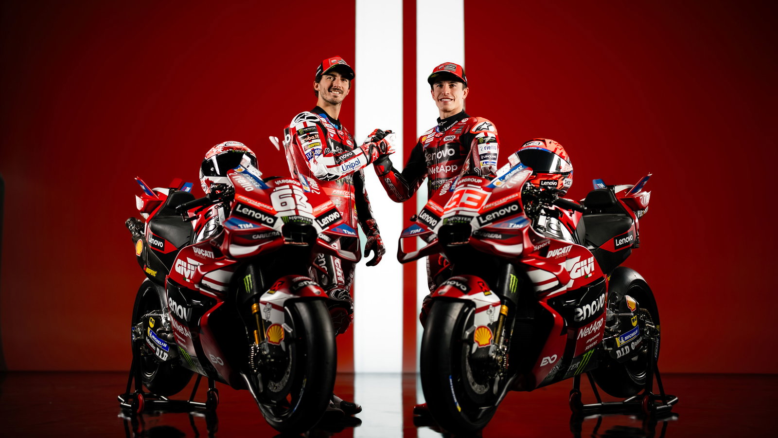 Francesco Bagnaia, Marc Marquez with 2026 Ducati Desmosedici. Credit: Ducati.