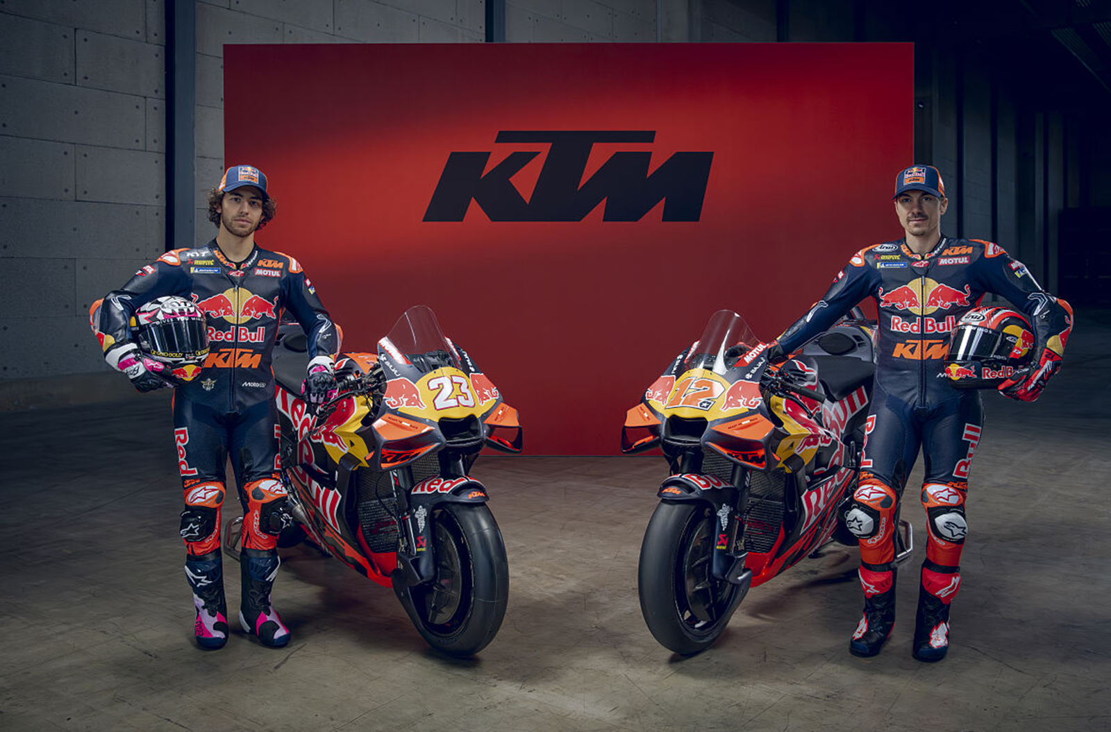 Enea Bastianini and Maverick Vinales with 2026 Red Bull KTM Tech3 MotoGP bikes. Credit: KTM.