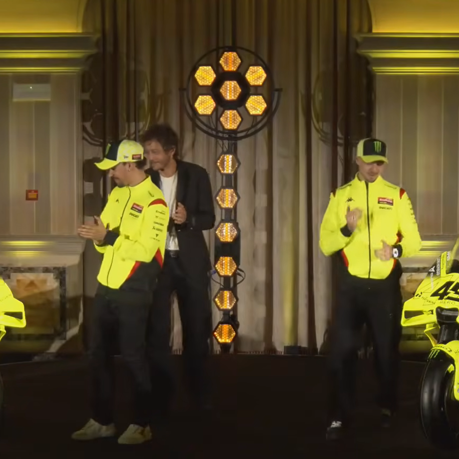 Franco Morbidelli, Fabio Di Giannantonio reveal 2026 VR46 Ducati livery. Credit: YouTube/MotoGP.