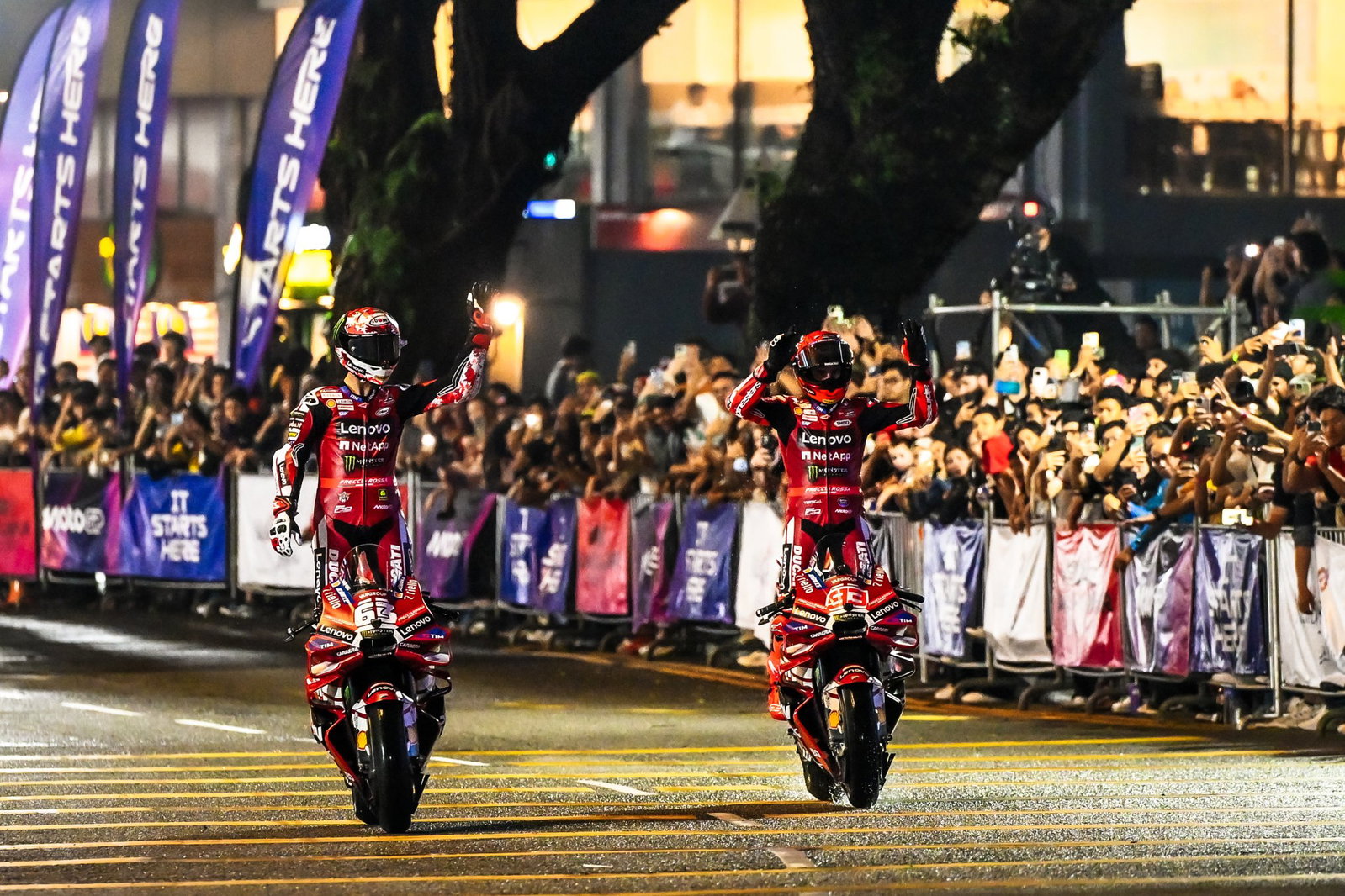 Marc Marquez and Francesco Bagnaia riding at the 2026 MotoGP season launch
