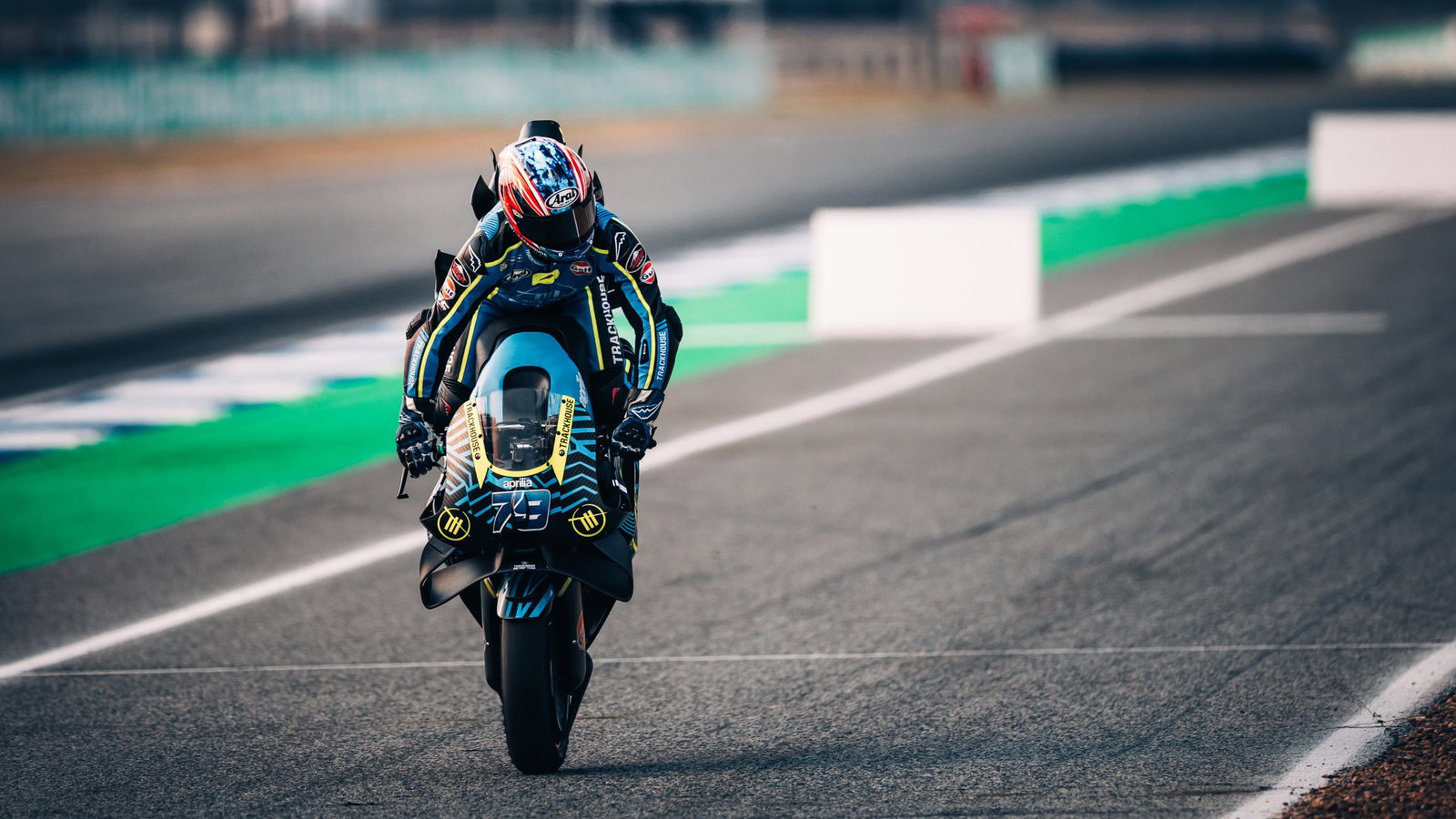 Trackhouse Aprilia rider Ai Ogura performing a stoppie