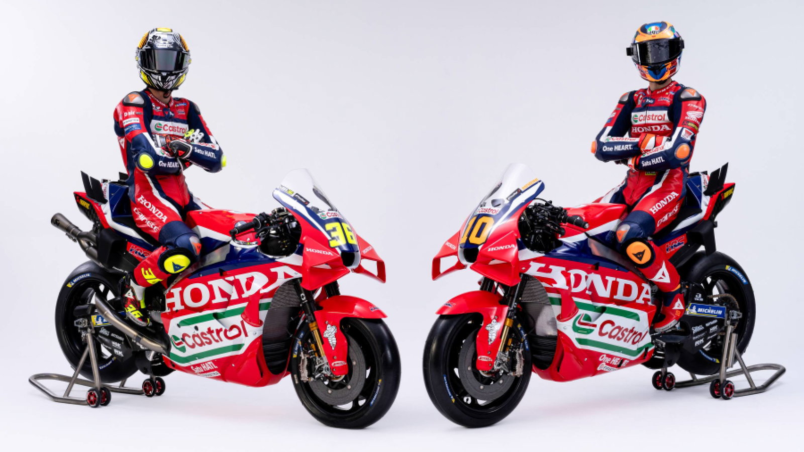 Joan Mir, Luca Marini, on 2026 factory Honda MotoGP bikes. Credit: Honda Racing Corporation.