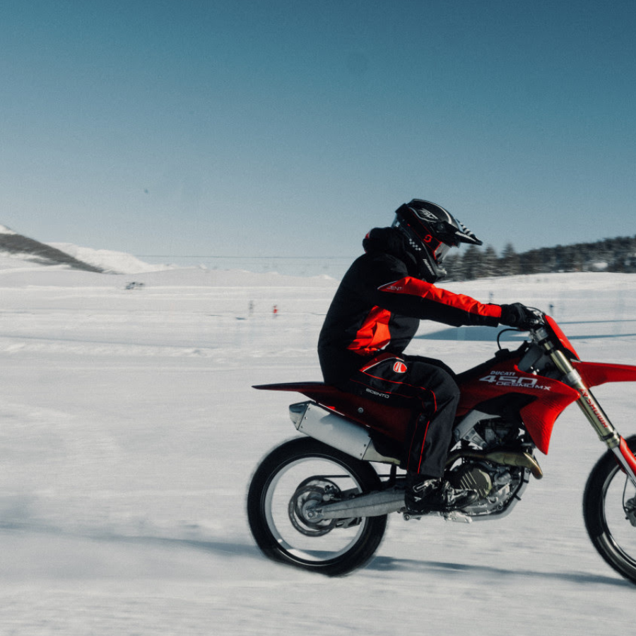 Ducati's ski collection tested on a Desmo450 motorcycle