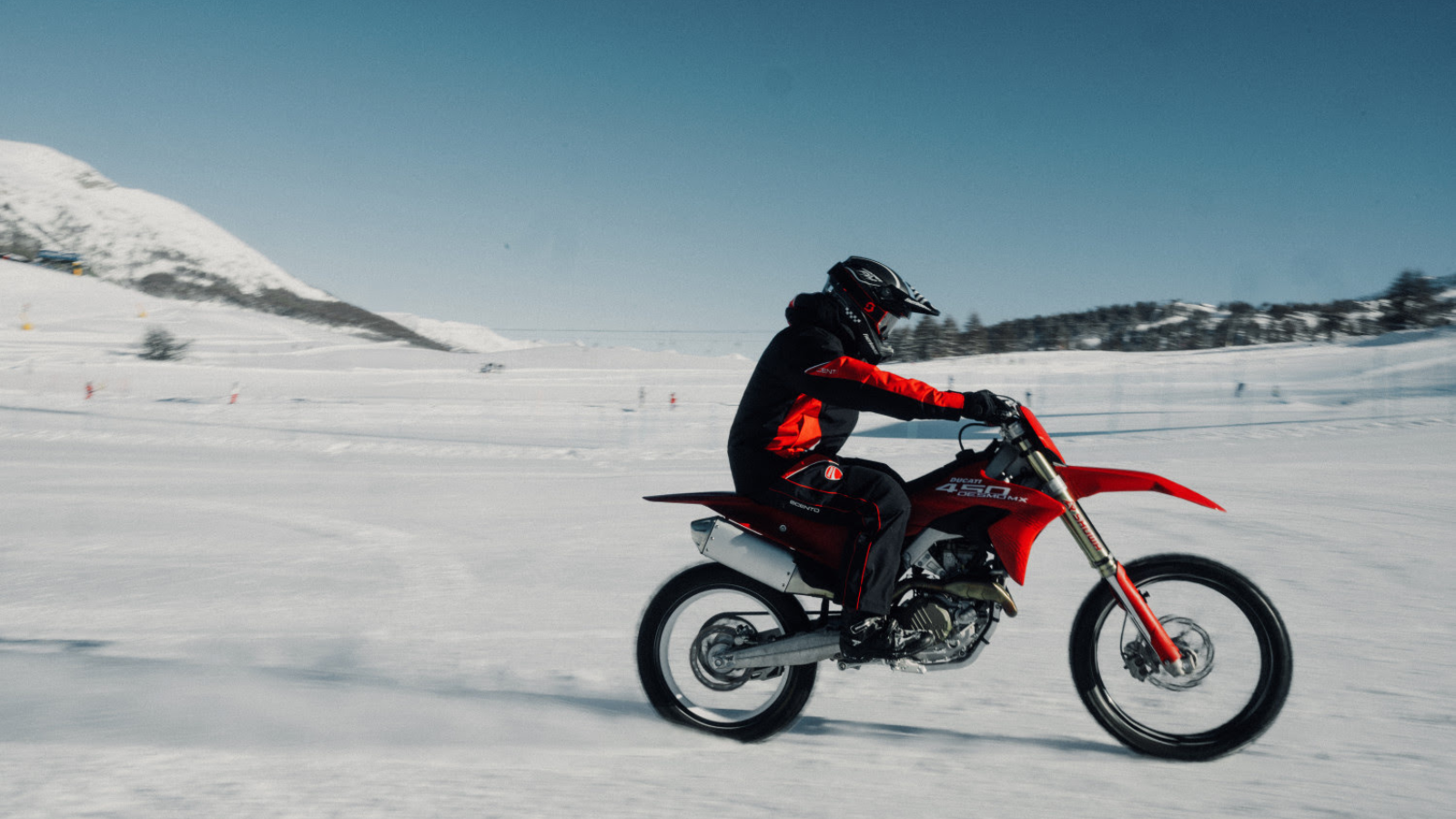 Ducati's ski collection tested on a Desmo450 motorcycle