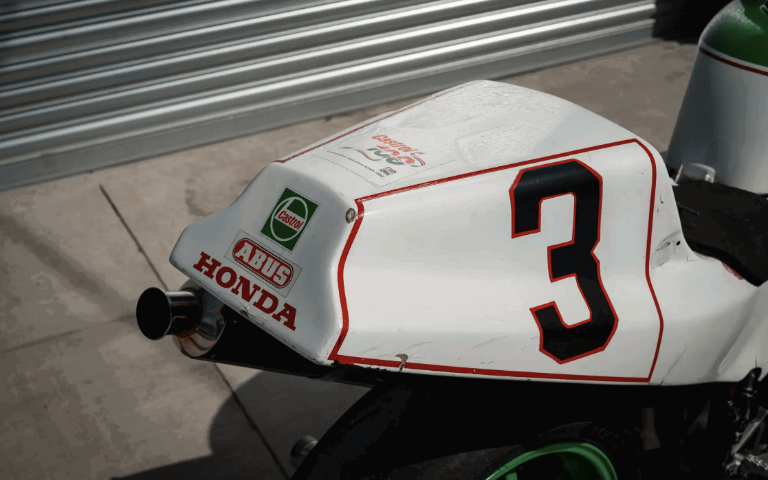 Rear of the ex-Dunlop and Hislop Honda machine. Credit - Iconic Auctioneers.