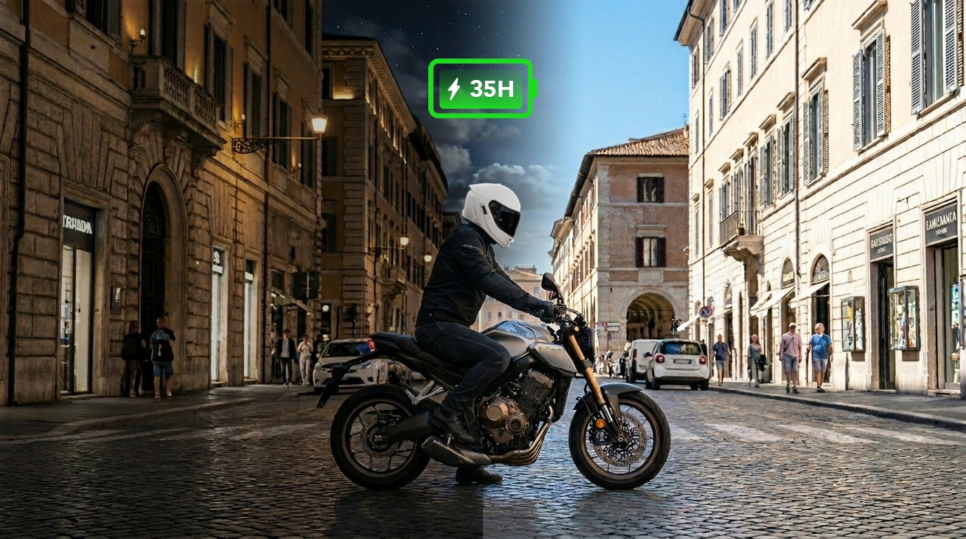 Sena Phantom Helmet with a battery icon above it.