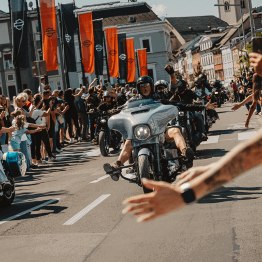 Harley-Davidson bikes at an event. 