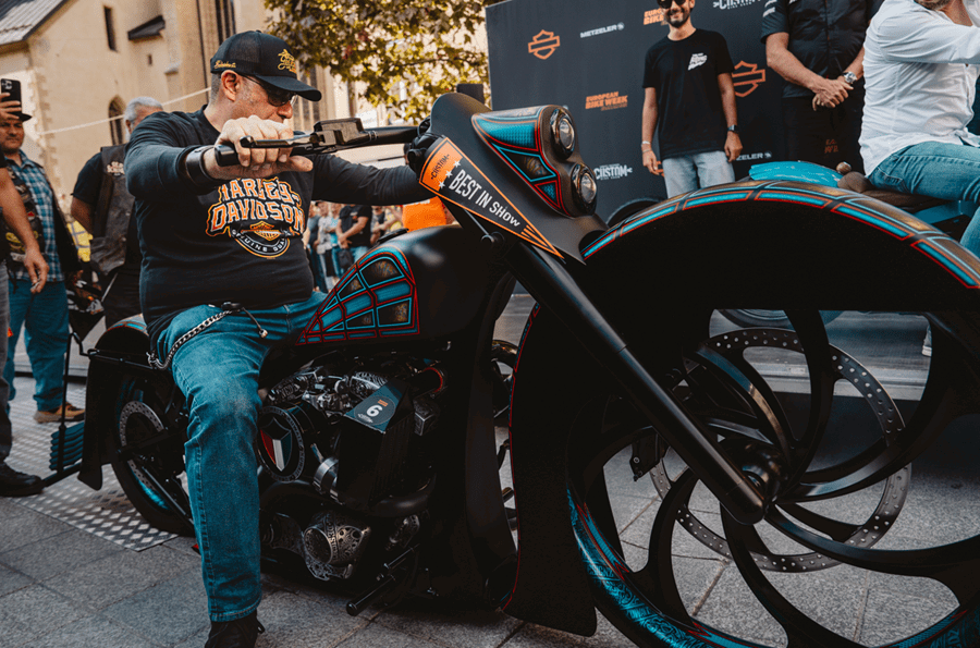 Harley-Davidson chopper at an event.