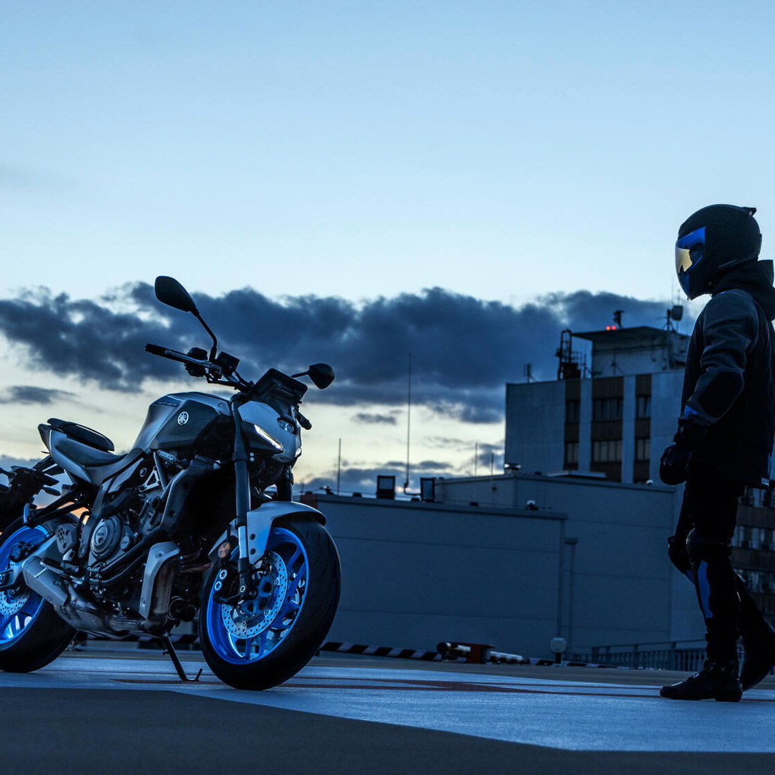 A Yamaha MT-07 in front of an industrial building