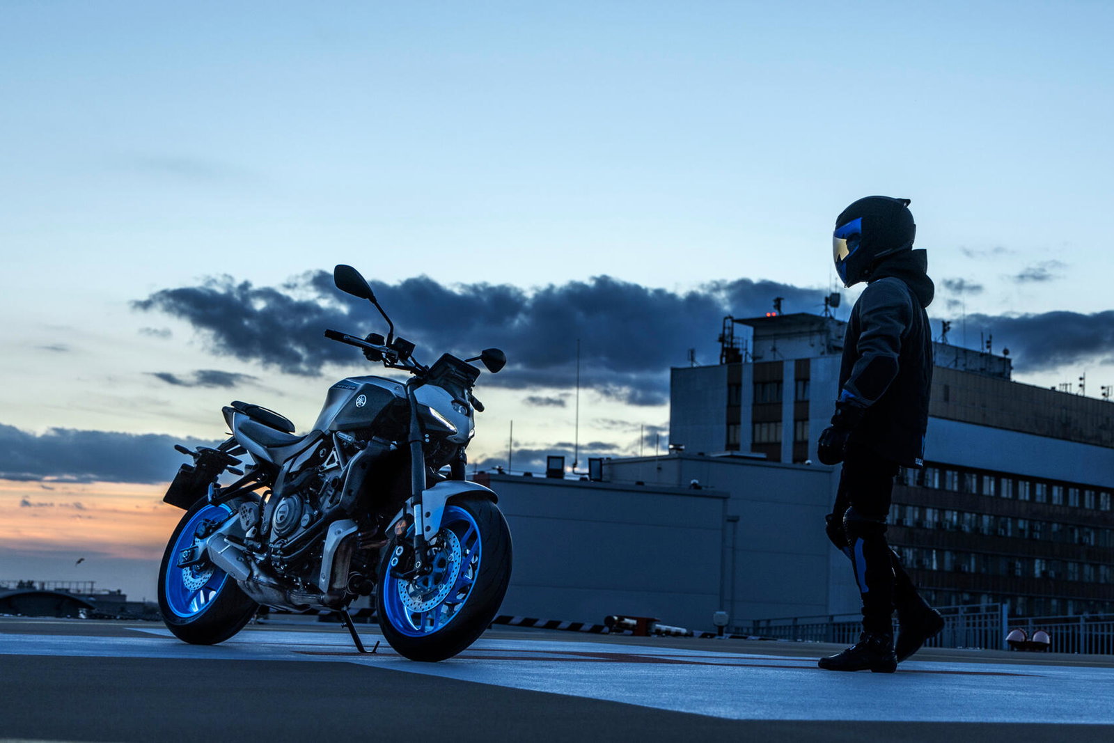 A Yamaha MT-07 in front of an industrial building