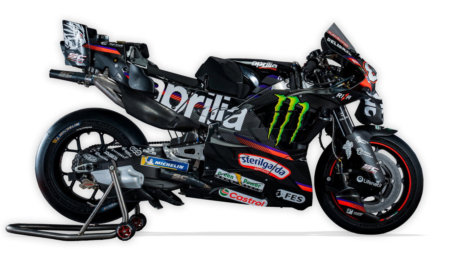 Aprilia Racing's RS-GP26 MotoGP bike with Monster Energy as title sponsor.